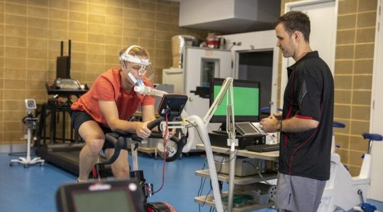 A shot of a student in a sports science laboratory performing a VO2 Max Test at a university in Perth, Australia.